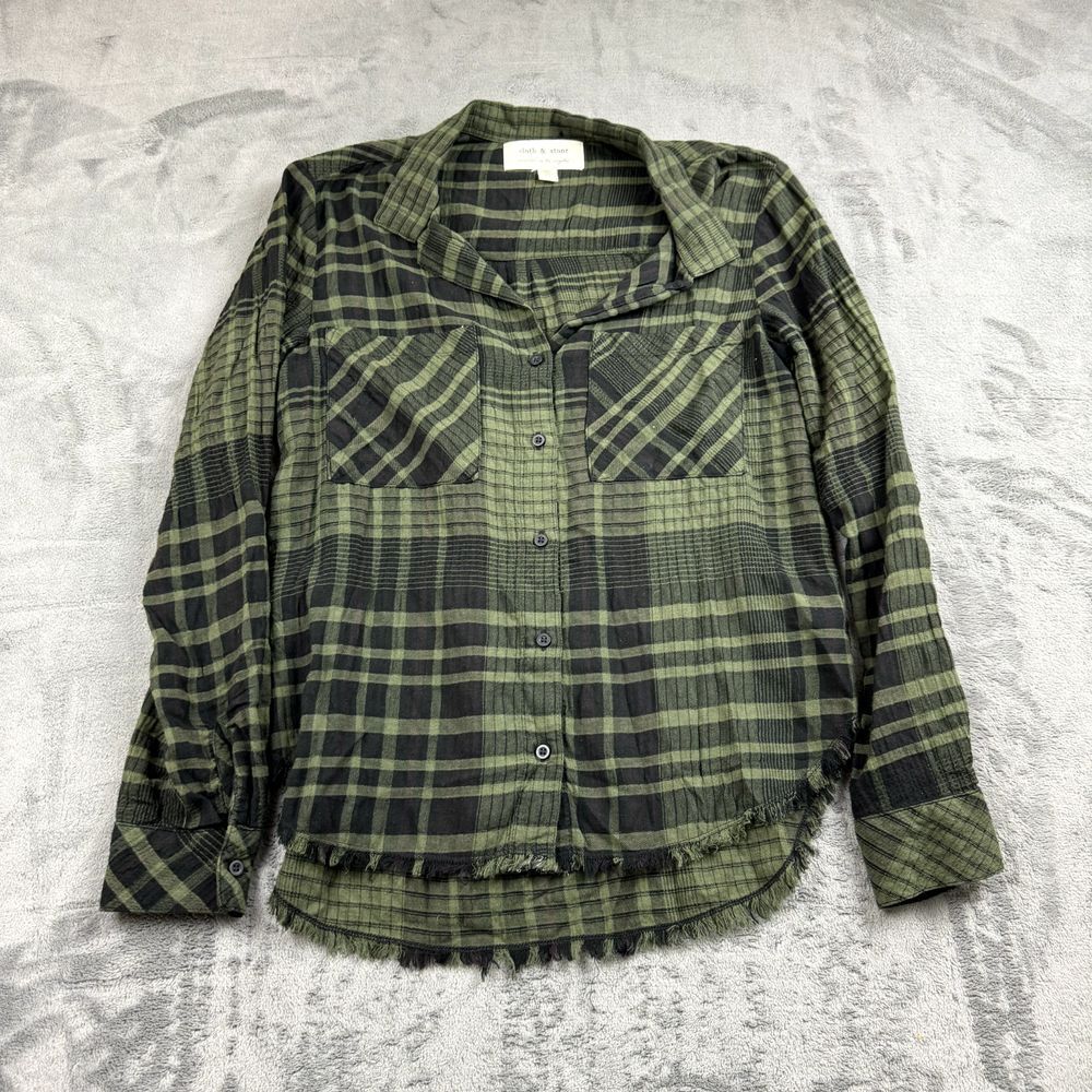 Anthropologie Cloth Womens Flannel Top Size XS Green Plaid Fringe Western Boho